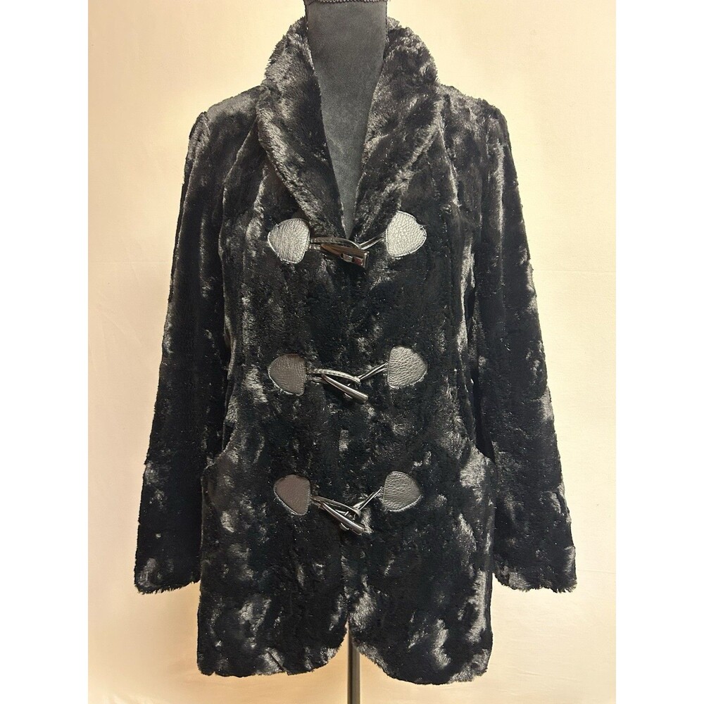 Karen Kane Womens Sz S Black Faux Rabbit Fur Jacket Soft Toggle Closure